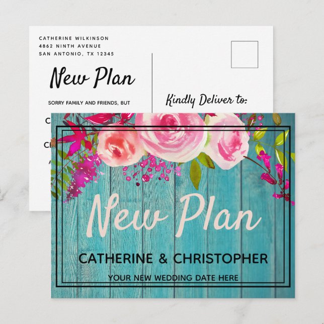 New Plan Rustic Blue Wood Floral Wedding Postponed Postcard (Front/Back)