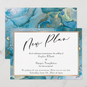 "New Plan" Teal & Gold Ink Postponed Wedding Card