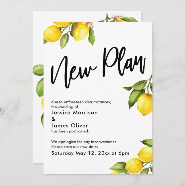New Plan Watercolor Lemons Postponed Wedding Card (Front/Back)