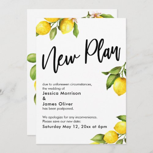 New Plan Watercolor Lemons Postponed Wedding Card