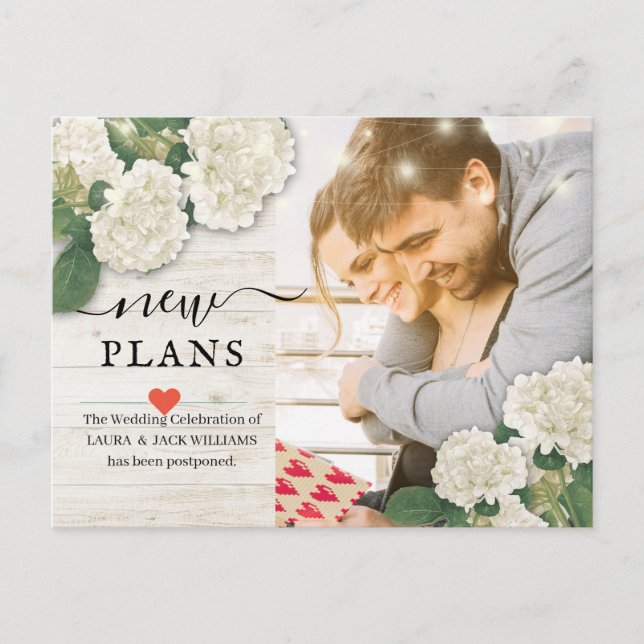 New Plan Wedding Postponement Change Of Plan Photo Announcement Postcard (Front)