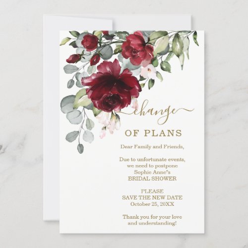 New Plans Burgundy Flowers Bridal Shower Postponed Invitation