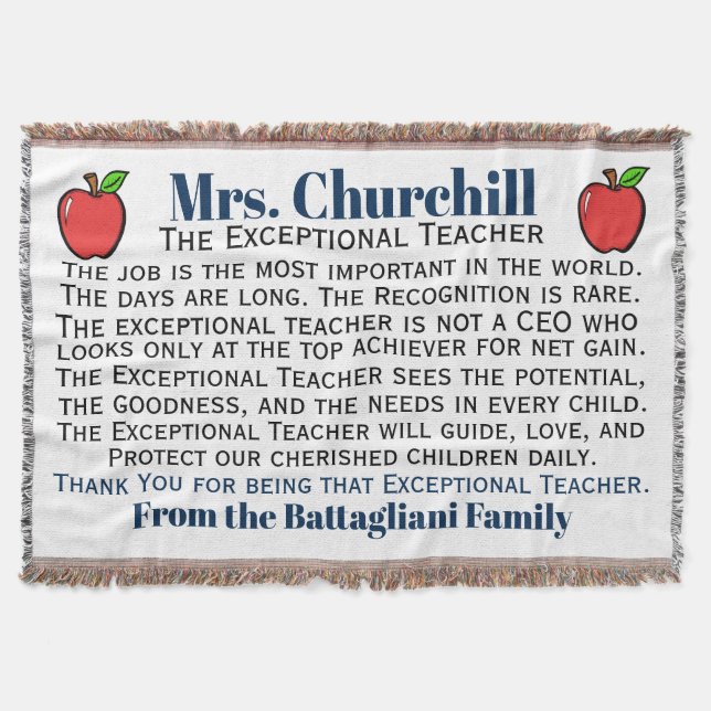 NEW Popular EXCEPTIONAL Teacher Thank You Throw Blanket (Front)