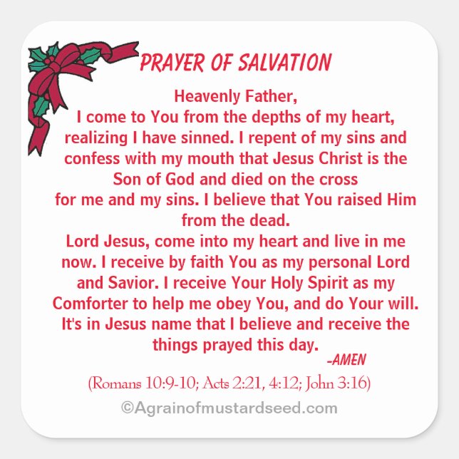New! PRAYER OF SALVATION Christmas Square Sticker (Front)