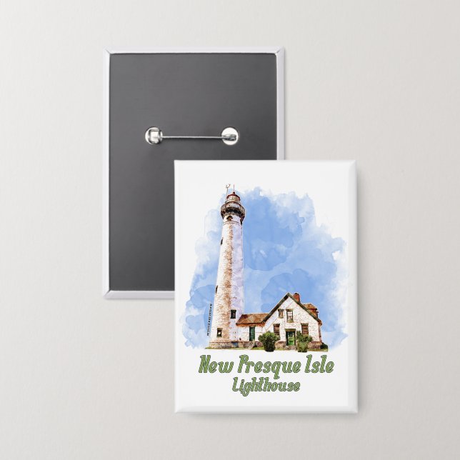 New Presque Isle Lighthouse Watercolor - Michigan Button (Front/Back)