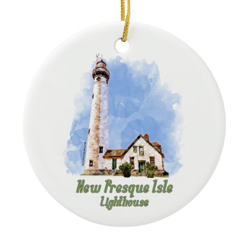 New Presque Isle Lighthouse Watercolor - Michigan Ceramic Ornament