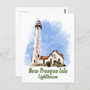 New Presque Isle Lighthouse Watercolor - Michigan Postcard