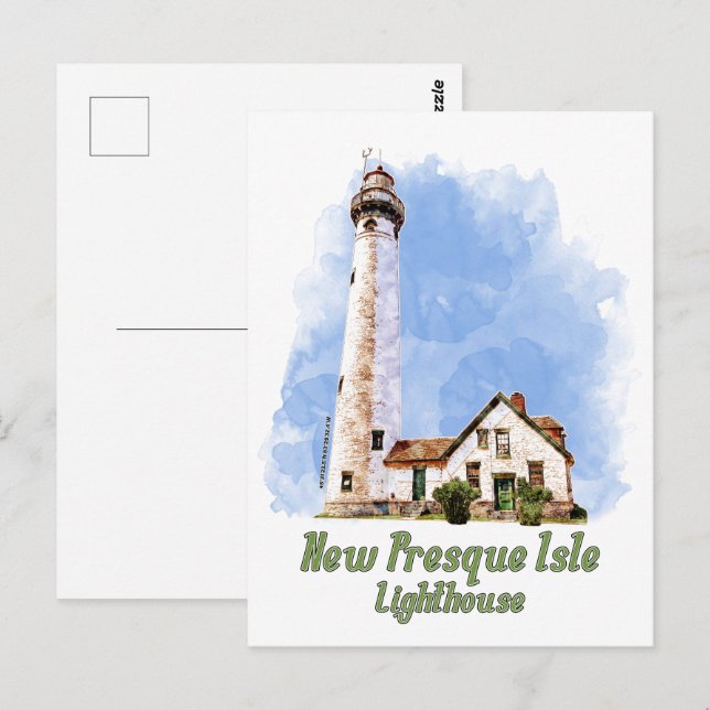 New Presque Isle Lighthouse Watercolor - Michigan Postcard (Front/Back)