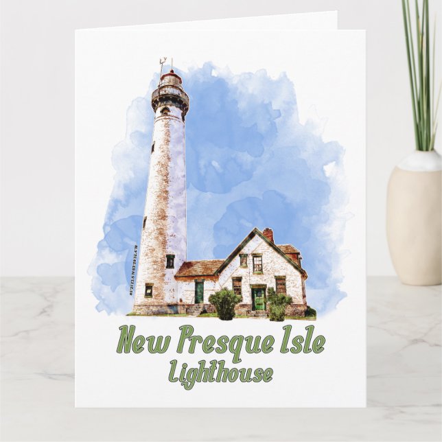 New Presque Isle Lighthouse Watercolor - Michigan Thank You Card (Front)