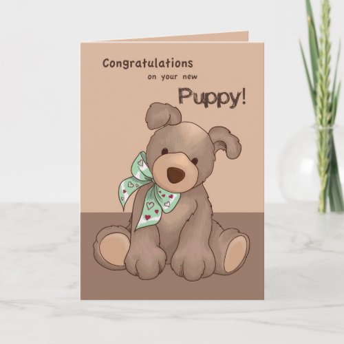 New Puppy Congratulations Dog with Green Ribbon Card
