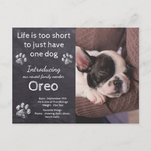 New Puppy_ Dog Photo Chalkboard Puppy Announcement Postcard