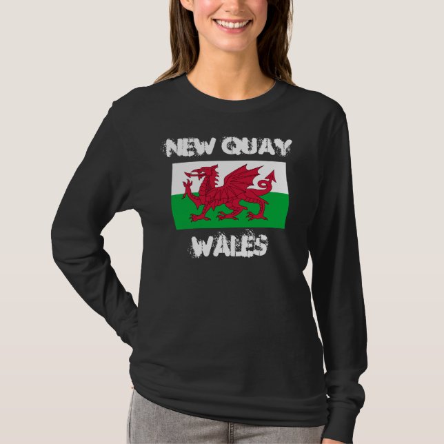 New Quay, Wales with Welsh flag T-Shirt (Front)