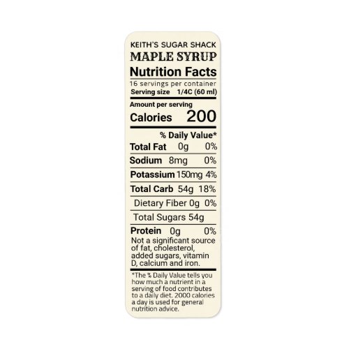 NEW Return Address Maple Syrup Nutrition Ivory   Label