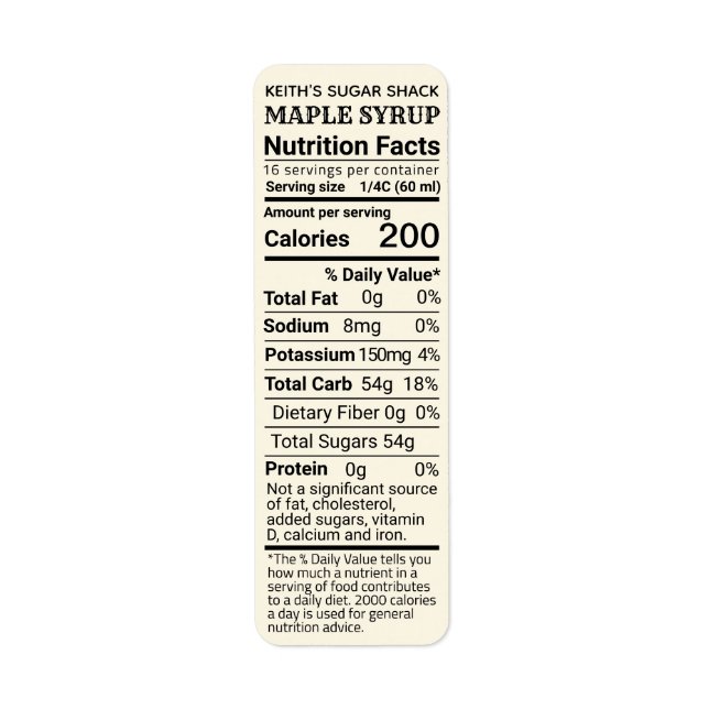 NEW Return Address Maple Syrup Nutrition Ivory   Label (Front)