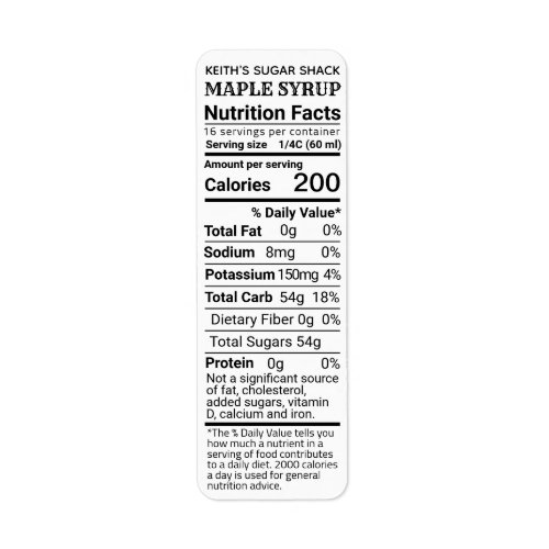 NEW Return Address Maple Syrup Nutrition White  Label