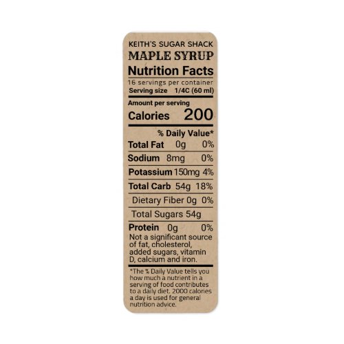 NEW Return Address Size Maple Syrup Nutrition Fact Label