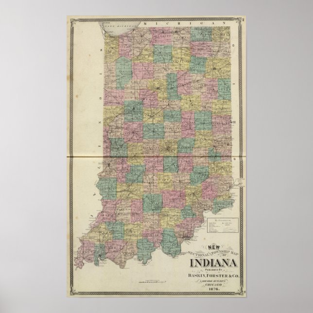 New sectional and township map of Indiana Poster (Front)