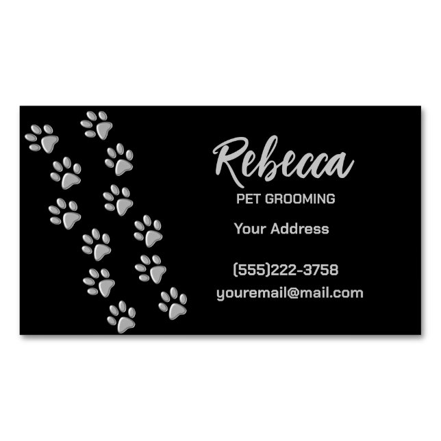 New Silver Dog Paws Pattern Pet Grooming Service   Business Card Magnet (Front)
