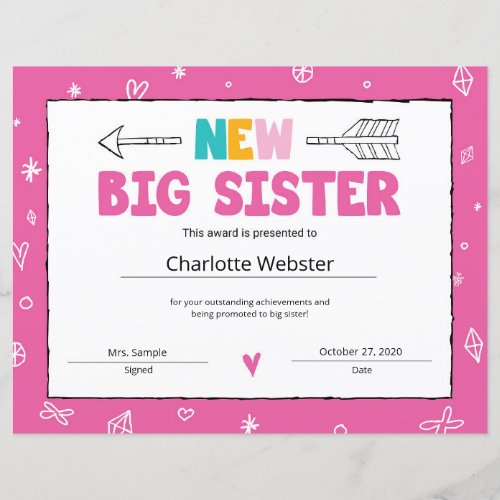 New Sister Certificate Sibling Certificate Award