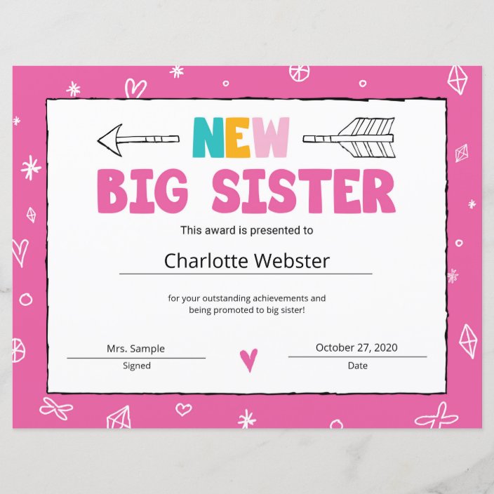 new-sister-certificate-sibling-certificate-award-zazzle