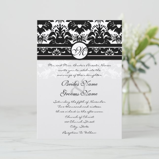 New Sizes Black Damask Swirls Wedding Invitation (Standing Front)
