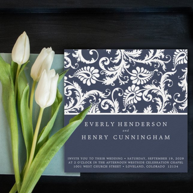 New Sizes  Navy Damask Swirls Wedding Invitation (Creator Uploaded)