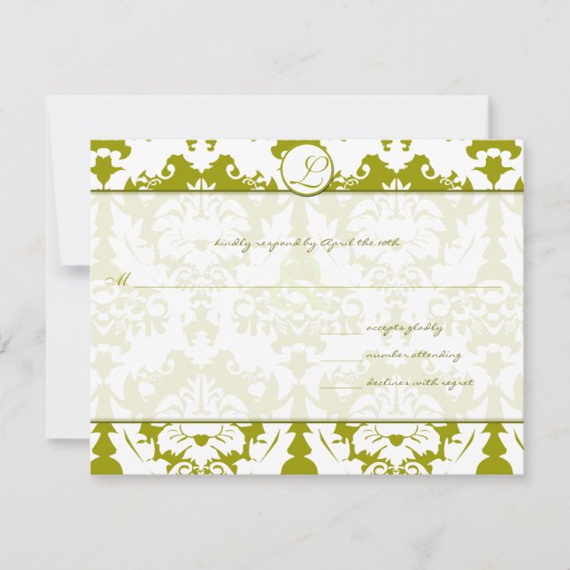 New Sizes Olive Lime Damask Wedding RSVP (Front)