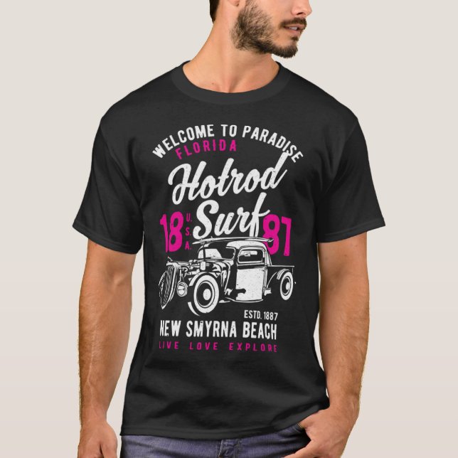 New Smyrna Beach Florida Retro Hotrod Surf Distres T-Shirt (Front)