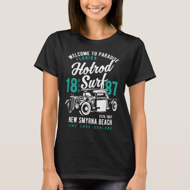 New Smyrna Beach Florida Retro Hotrod Surf Distres T-Shirt (Front)