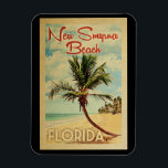 New Smyrna Beach Palm Tree Vintage Travel Magnet<br><div class="desc">A uniquely retro mid-century modern New Smyrna Beach Florida art print in vintage travel poster style. It features a curved palm tree on sandy beach with ocean under a blue cloudy sky.</div>