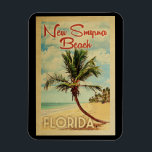 New Smyrna Beach Palm Tree Vintage Travel Magnet<br><div class="desc">A uniquely retro mid-century modern New Smyrna Beach Florida art print in vintage travel poster style. It features a curved palm tree on sandy beach with ocean under a blue cloudy sky.</div>