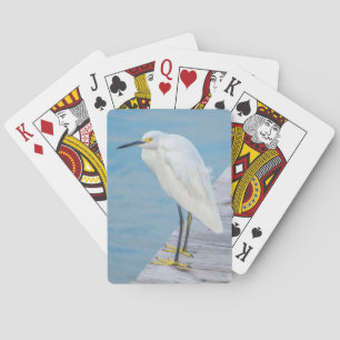 New Smyrna Beach, Snowy Egret on dock Poker Cards