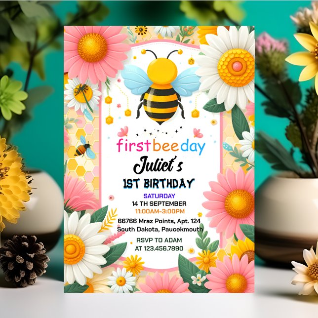 new spring daisy Yellow first 1st bee day birthday Invitation (Creator Uploaded)