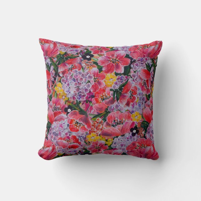 New Spring Floral in Pink and Purple Throw Pillow (Front)