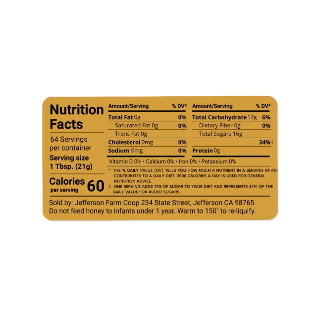 New Tabular Honey Nutrition Facts Amber Product Label (Front)