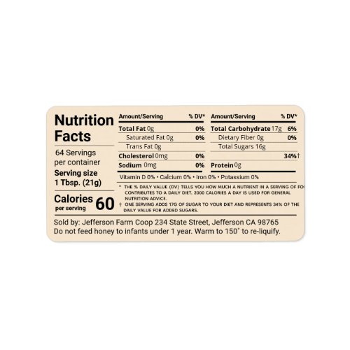 New Tabular Honey Nutrition Facts Antique White Label
