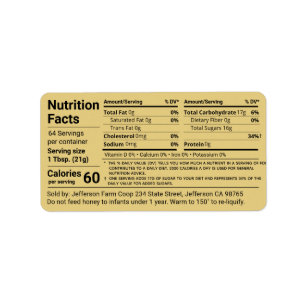New Tabular Honey Nutrition Facts Gold Product Label