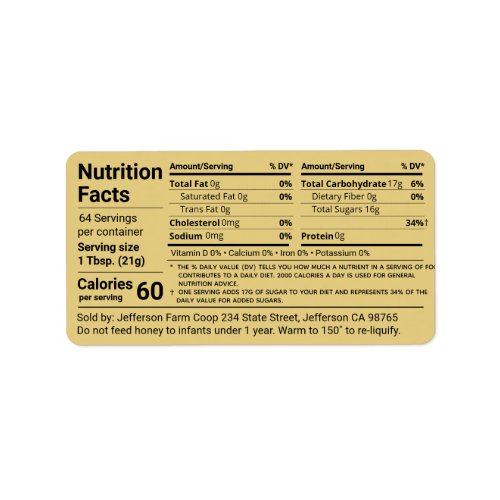 New Tabular Honey Nutrition Facts Gold Product Label