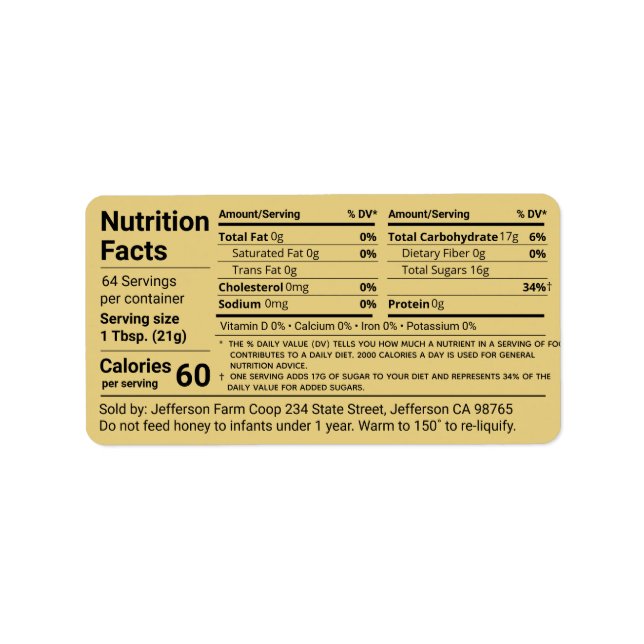 New Tabular Honey Nutrition Facts Gold Product Label (Front)
