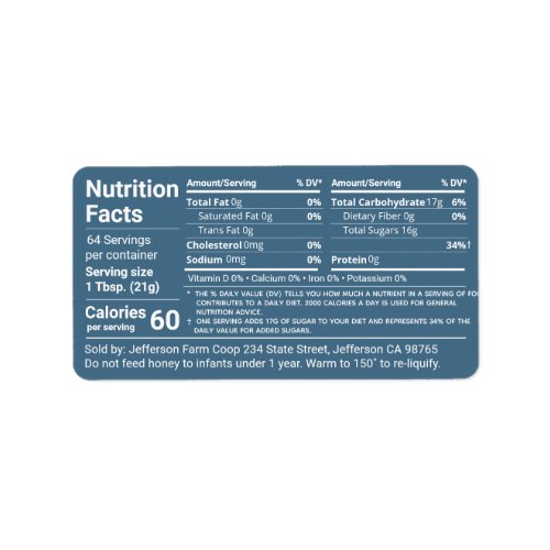 New Tabular Honey Nutrition Facts Teal Blue Label