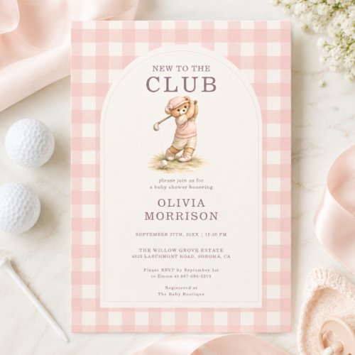 New to Club Golf Bear Pink Girl Baby Shower Invitation