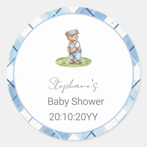 New to the Club Blue Golfing Bear Baby Shower  Classic Round Sticker