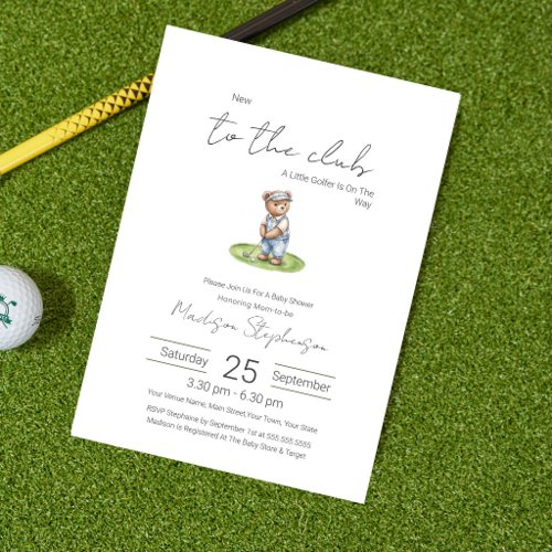 New to the Club Blue Golfing Bear Baby Shower  Invitation
