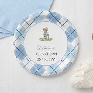 New to the Club Blue Golfing Bear Baby Shower Paper Plates