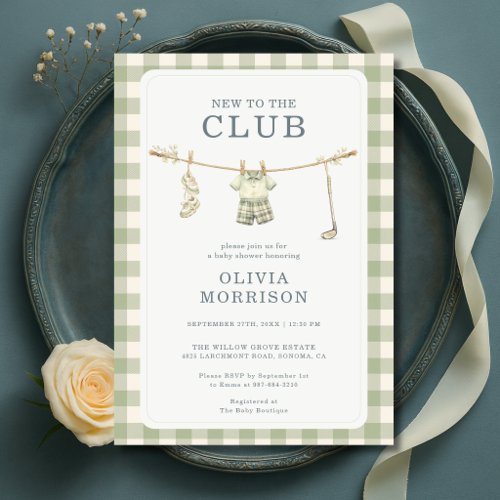 New To The Club Golf Clothesline Baby Shower Invitation