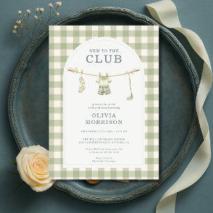 New To The Club Golf Green Gingham Baby Shower Invitation