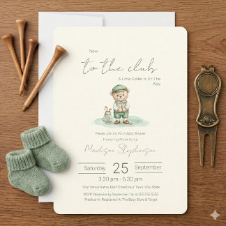 New to the Club Green Golfing Bear Baby Shower Invitation