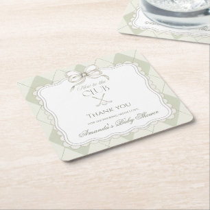 New To The Club Olive Green Golf Baby Shower Square Paper Coaster