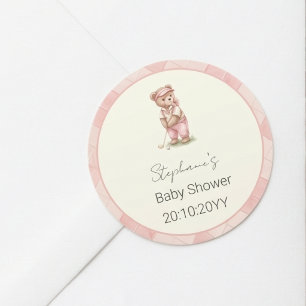 New to the Club Pink Golfing Bear Baby Shower Classic Round Sticker