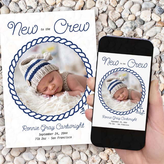 New to the Crew 2 Photo Blue Nautical Anchor Birth Announcement (Nautical baby birth announcement with 2 of your photos and "new to the crew wording")